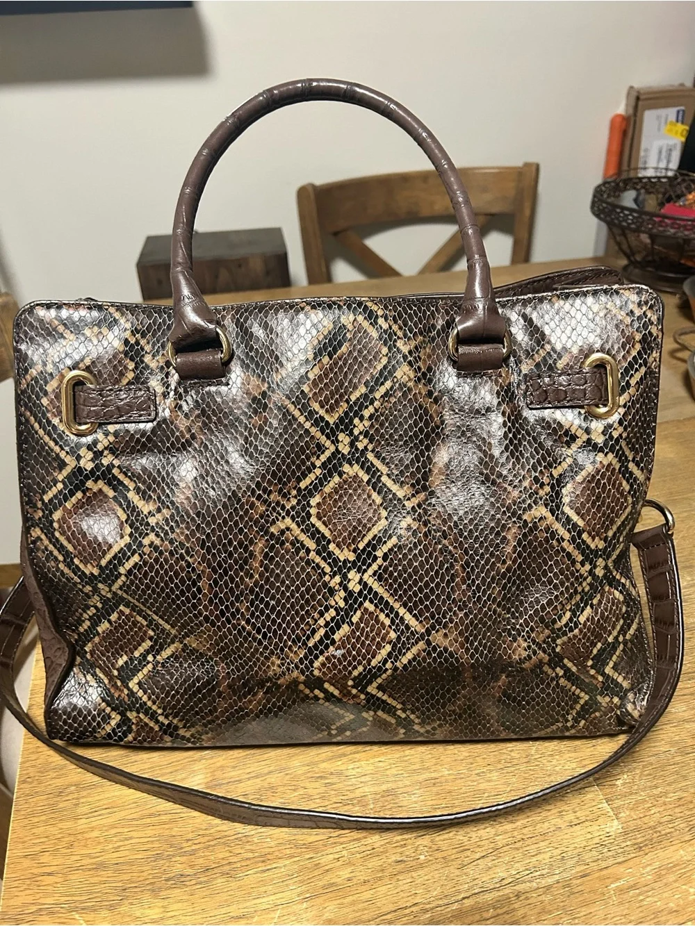 Michael Kors Brown Snake-Embossed Satchel with Gold Hardware